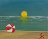 sunny sky with red and white beach ball on the beach