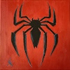 Spiderman logo, black and blue spider on red background