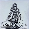silhouette of a warrior woman with sword walking through water, glow in the dark background