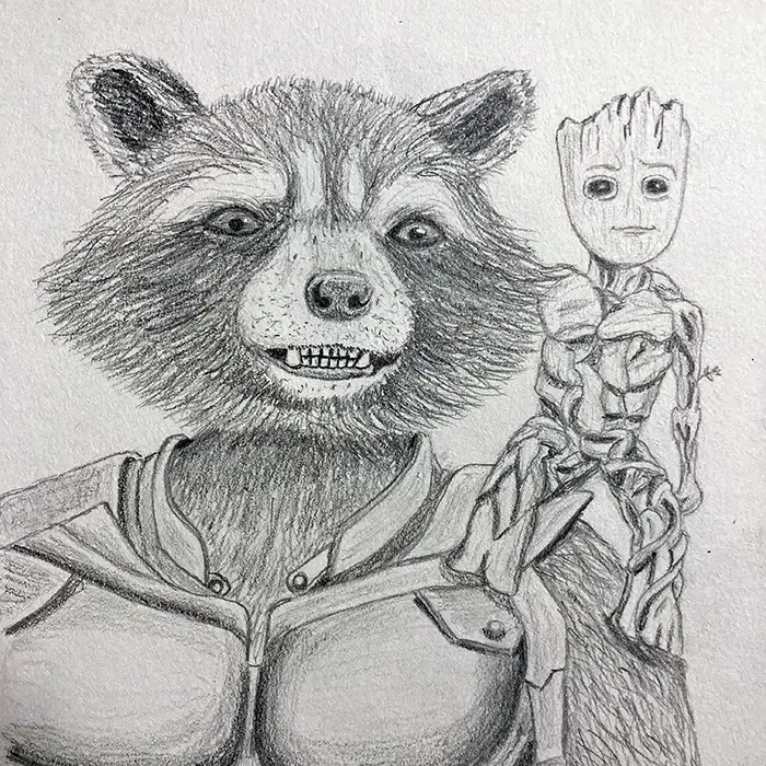 Pencil sketch, Rocket Raccoon and Groot