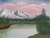 lanscape, mountains, pinks sky, lake, trees, flowers